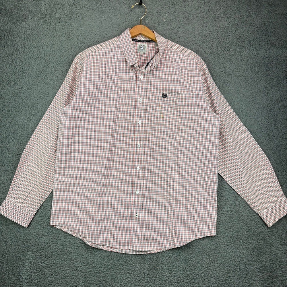 Cinch Mens Medium Red Black White‎ Plaid Long Sleeve Button Down Western Shirt
